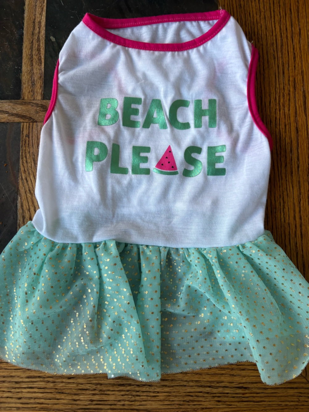 Dog Tank Dress with Mint Gold-Spot Tulle Skirt and Watermelon Graphic